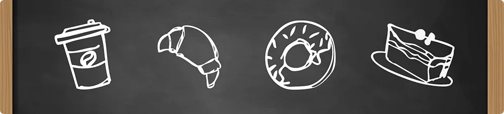 A chalkboard menu illustration of coffee and treat items.