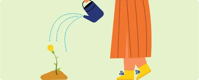 An illustration of a woman in a skirt watering dirt with a vine coming out of it with a lightbulb on it.